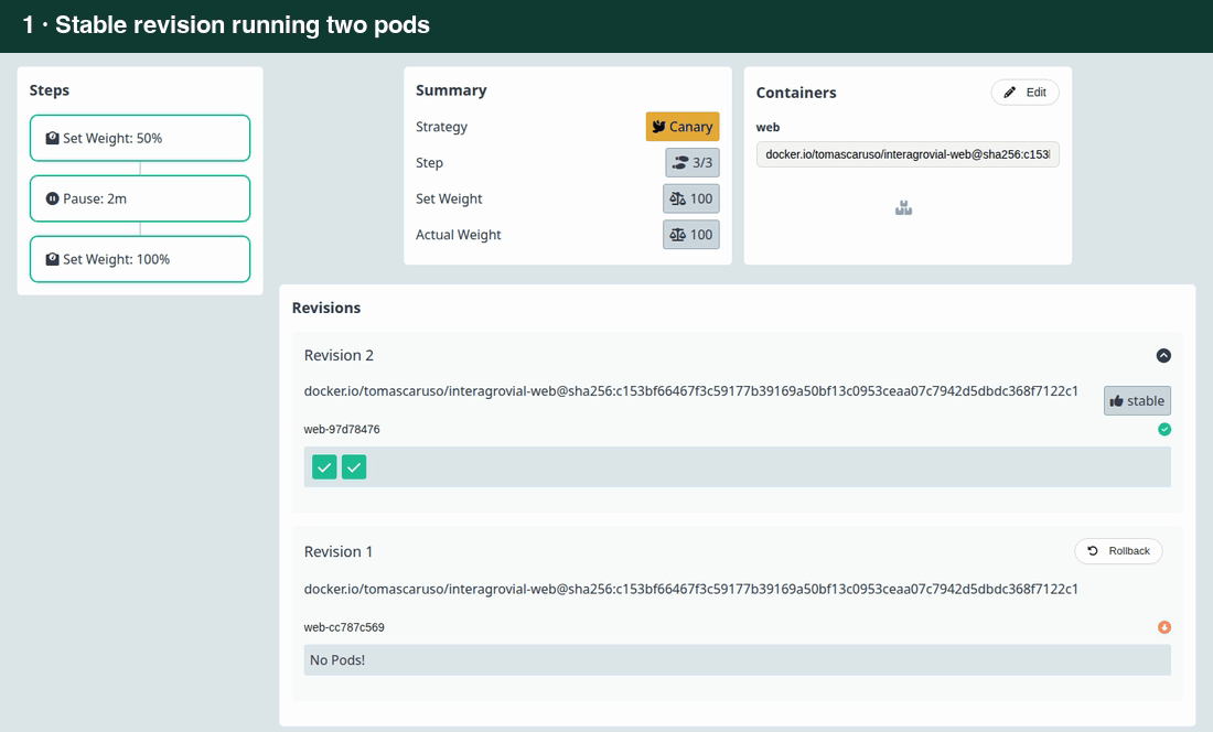 A canary rollout in the Argo Rollouts dashboard